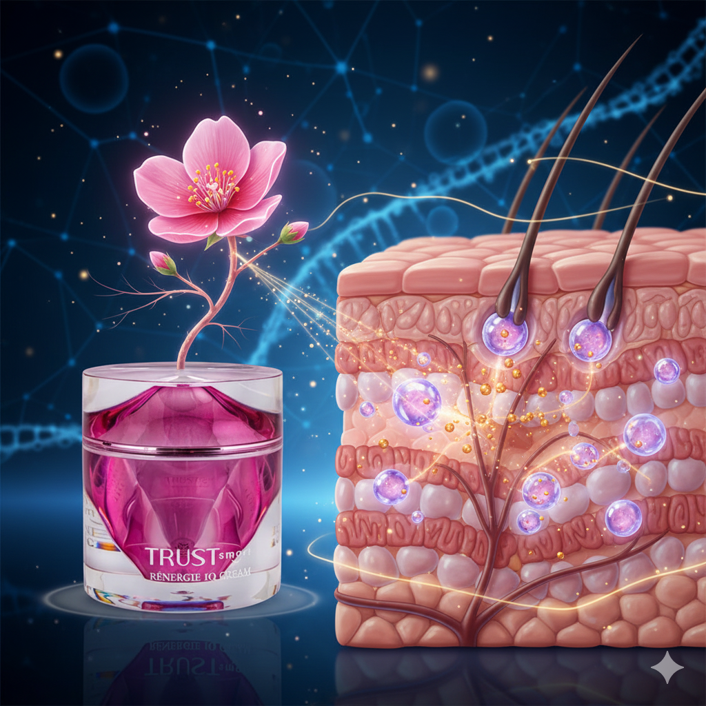 تصویر علمی نفوذ تکنولوژی اگزوزوم به لایه‌های پوست برای جوانسازی و ترمیم سلولی، همراه با محصول کرم هوشمند تراست اسمارت و نماد گل رز آلپ