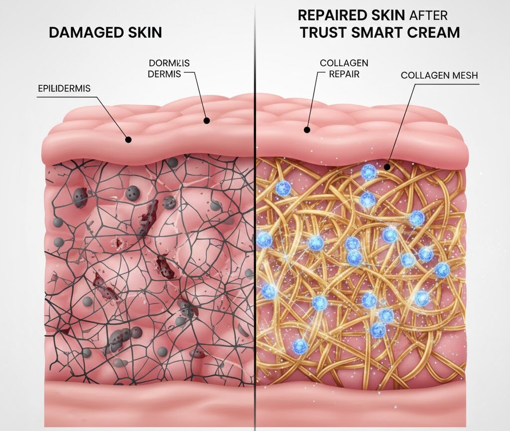 تصویر اینفوگرافیک از مقطع عرضی پوست، نشان‌دهنده تفاوت پوست آسیب‌دیده با ماتریکس کلاژن ترمیم‌شده پس از استفاده از کرم سه گانه هوشمند تراست اسمارت با تکنولوژی اگزوزوم