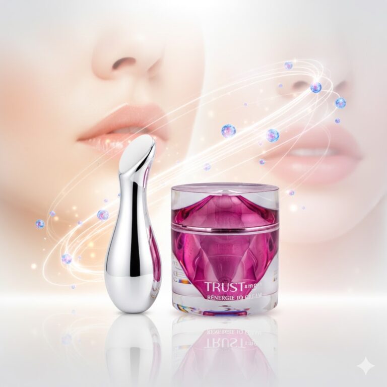 کرم سه‌گانه هوشمند تراست اسمارت با اپلیکاتور، نشان‌دهنده تاثیر اگزوزوم برای رفع کدری پوست و جوانسازی عمیق.