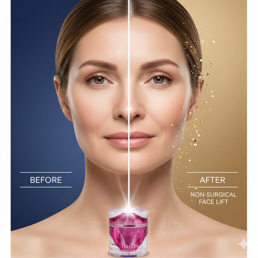 تصویر مقایسهای قبل و بعد لیفت صورت بدون جراحی با کرم سه گانه هوشمند تراست. بخش بعد از مصرف، سفت شدن خط فک و گونهها و ذرات اگزوزوم در حال جوانسازی را نشان میدهد.