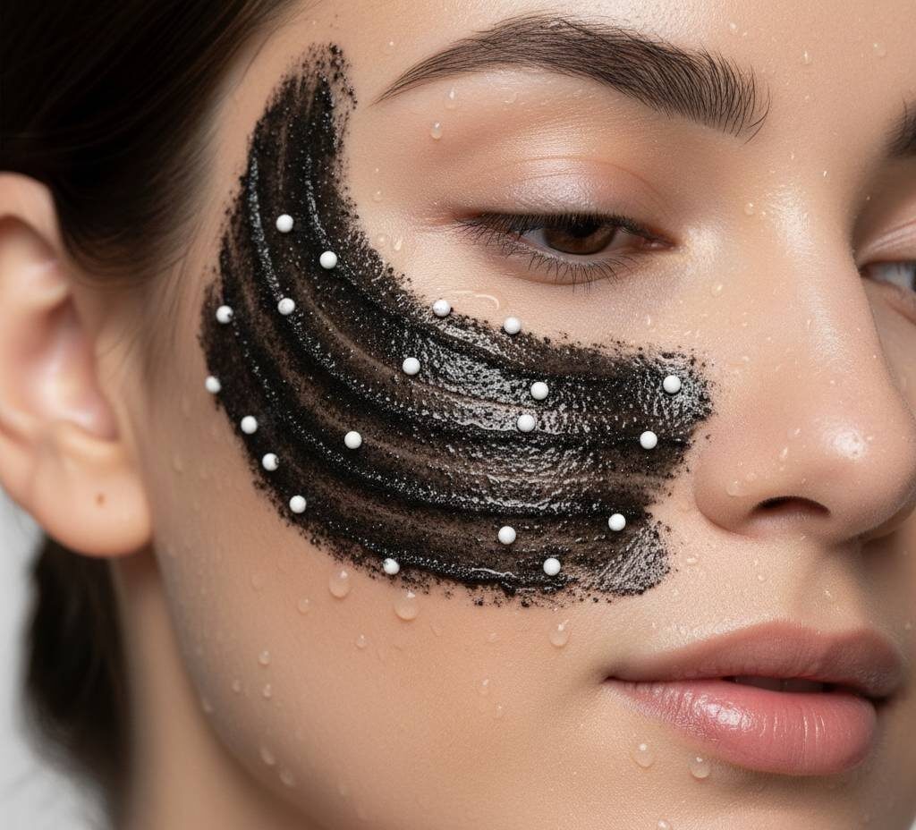 درمان کدر شدن پوست | گوبیوتی gobeauty | مشاوره رایگان روتین پوست | مراقبت از پوست | ماسک زغال تراست | بافت زغال فعال و دانه های اسکراب بامبو روی سطح پوست