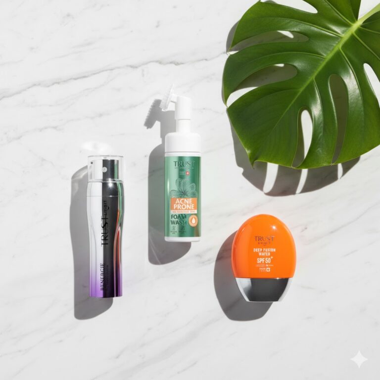 روتین مینیمال شامل سرم سه‌گانه، ضدآفتاب و شوینده روی زمینه مدرن | خرید اقساطی اسنپ پی - خرید اقساطی ترب پی