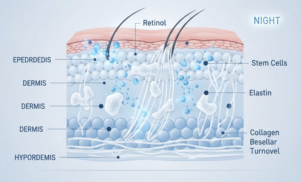 اینفوگرافیک نحوه جذب رتینول و سلول‌های بنیادی در لایه‌های پوست کرم روز و شب تراست اسمارت
