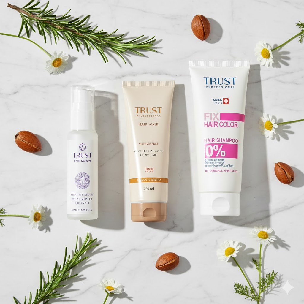 شامپو بدون سولفات تراست,ماسک موی کراتینه,جلوگیری از وز شدن مو,ترمیم موهای دکلره شده,روغن آرگان خالص برای مو,محافظ حرارتی مو,روتین مراقبت از موی آسیب دیده, درمان موخوره بدون کوتاهی, درمان موخوره محصولات تخصصی ضد موخوره تراست شامل شامپو_ ماسک و سرم