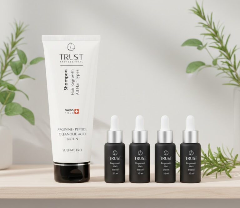 کیت رویش مو, تراست, ساوپالمیتو, شبدر قرمز, درمان ریزش مو ارثی, محصولات تراست, گوبیوتی, فائزه فلاح, شامپو ضد ریزش, روتین مو, کیت رویش مجدد مو تراست درمان قطعی ریزش مو